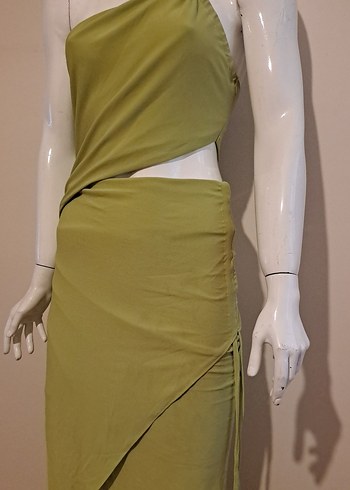 Kadın Haki Drapeli Uzun Straplez Elbise - Görsel 2