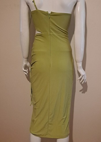 Kadın Haki Drapeli Uzun Straplez Elbise - Görsel 5