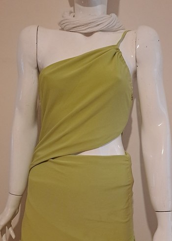 Kadın Haki Drapeli Uzun Straplez Elbise - Görsel 3