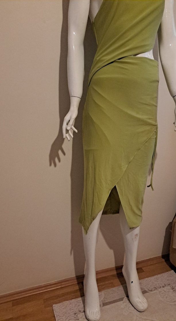 Kadın Haki Drapeli Uzun Straplez Elbise - Görsel 4