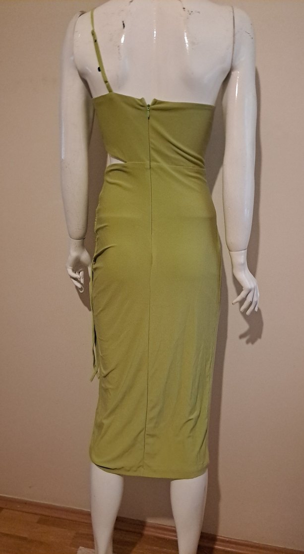 Kadın Haki Drapeli Uzun Straplez Elbise - Görsel 5