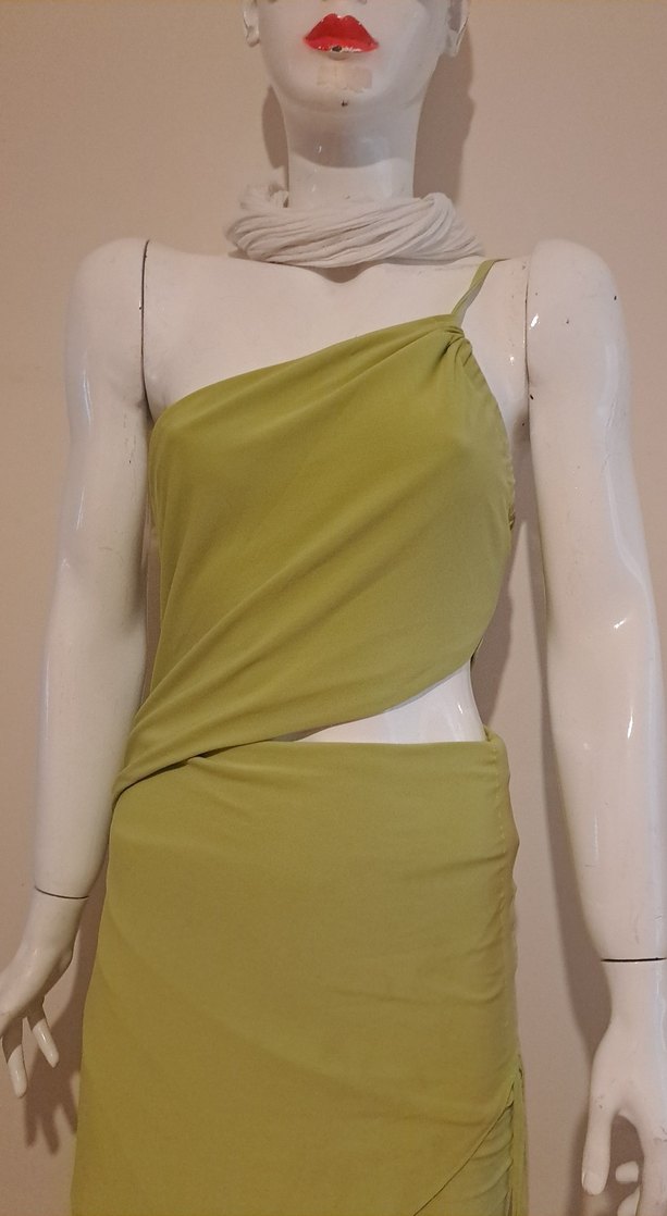 Kadın Haki Drapeli Uzun Straplez Elbise - Görsel 3