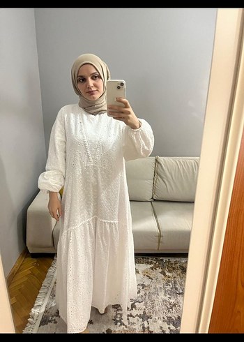 Dantel Detaylı Beyaz Uzun Salaş Elbise - Görsel 10