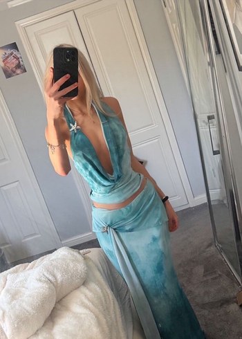 Bohem Uzun Drapeli Turkuaz Elbise - Görsel 2