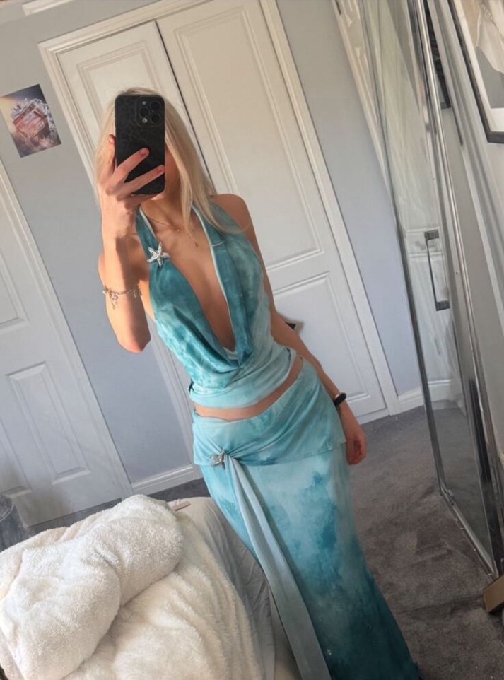 Bohem Uzun Drapeli Turkuaz Elbise - Görsel 2