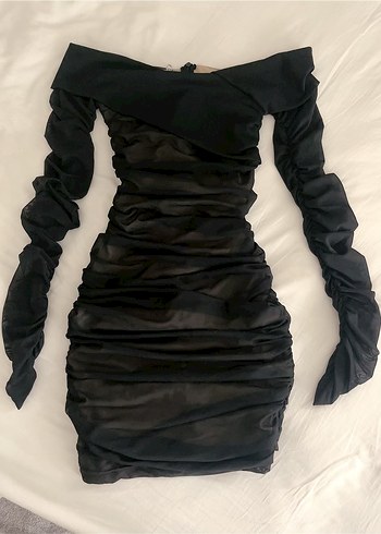 Siyah Straplez Drapeli Mini Elbise - Görsel 2