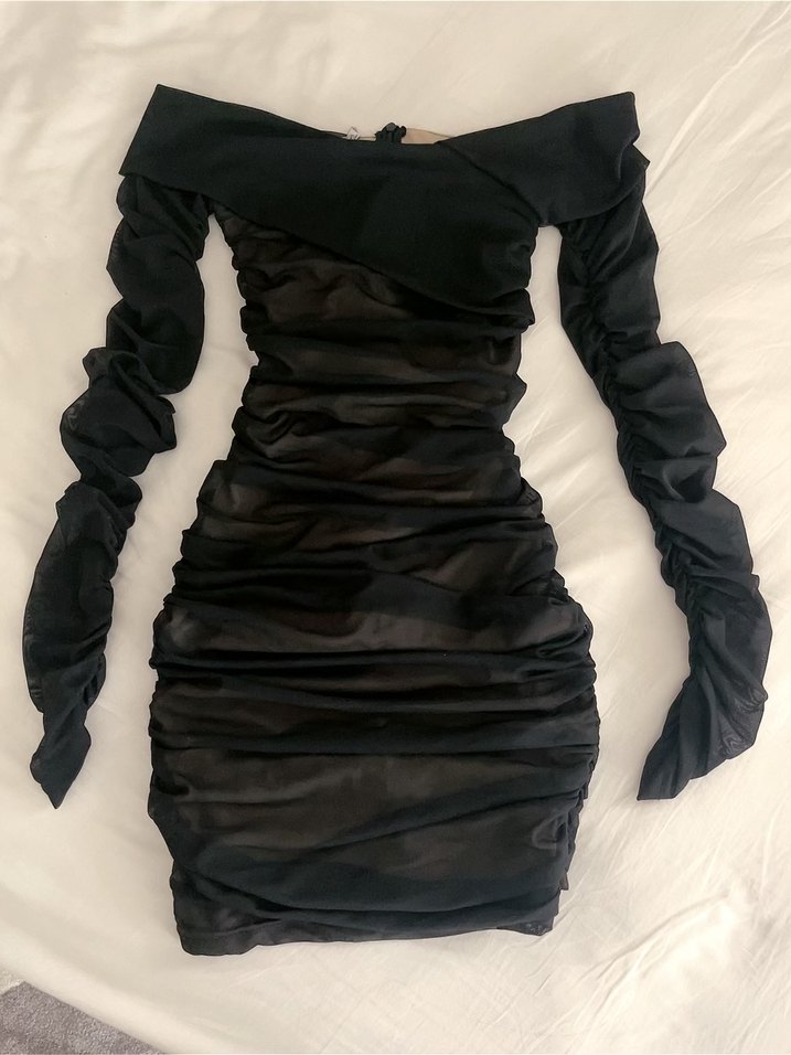 Siyah Straplez Drapeli Mini Elbise - Görsel 2