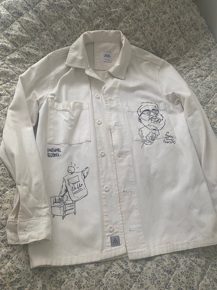 Beyaz Baskılı Uzun Kollu kot Gömlek - Görsel 2