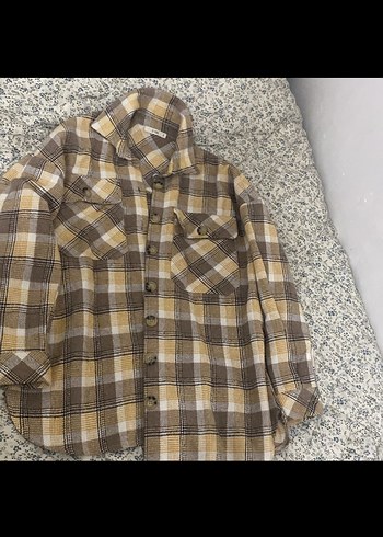 Düğmeli, Uzun Kollu Kahverengi Ekose Kadın Gömlek - Görsel 2