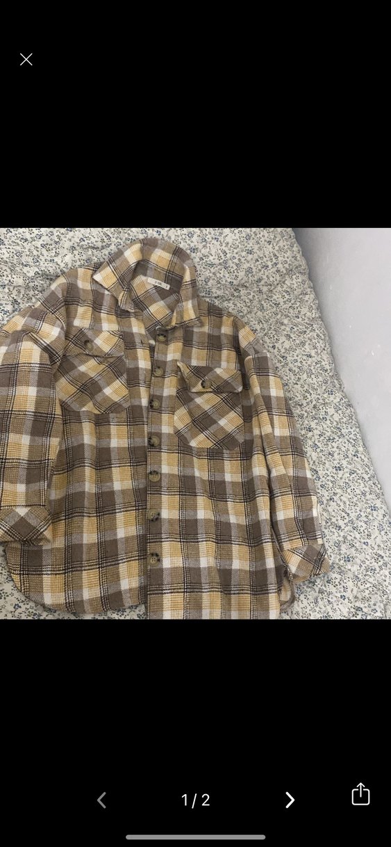 Düğmeli, Uzun Kollu Kahverengi Ekose Kadın Gömlek - Görsel 2