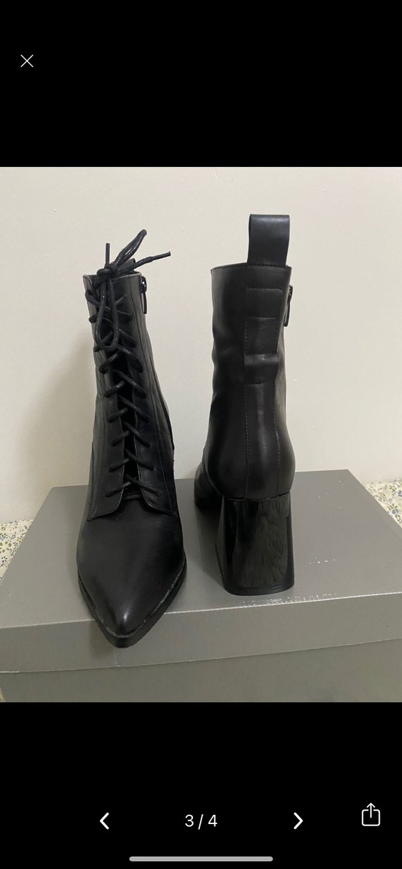 Siyah Deri Bağcıklı Blok Topuklu Kadın Bot - Görsel 2