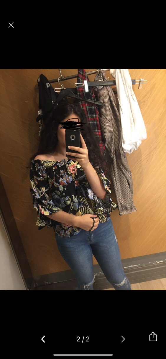 Çiçekli, Kayık Yaka, Volanlı Kadın Bluz - Görsel 2