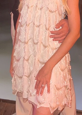 Fukara beyaz payetli mini abiye elbise - Görsel 6