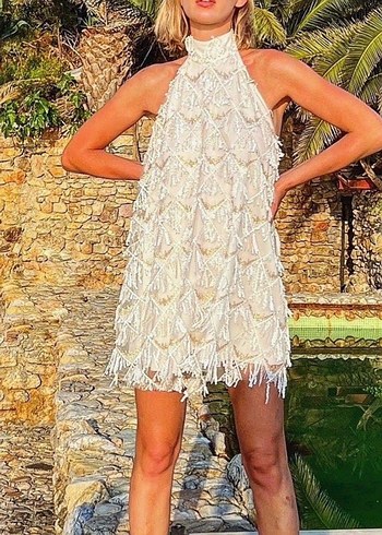 Fukara beyaz payetli mini abiye elbise - Görsel 2