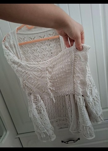 Kadın Bej Örgü Bohem Hırka - Görsel 5