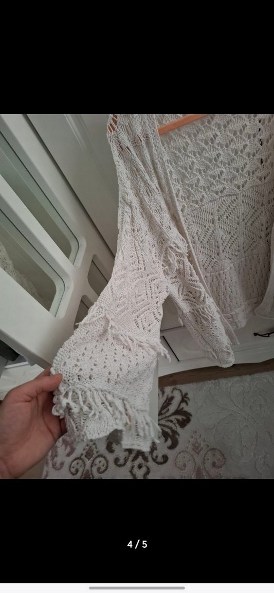 Kadın Bej Örgü Bohem Hırka - Görsel 3