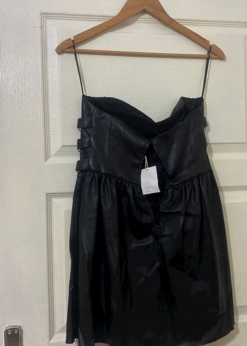 H&M Siyah Deri Görünümlü Strappy Midi Elbise