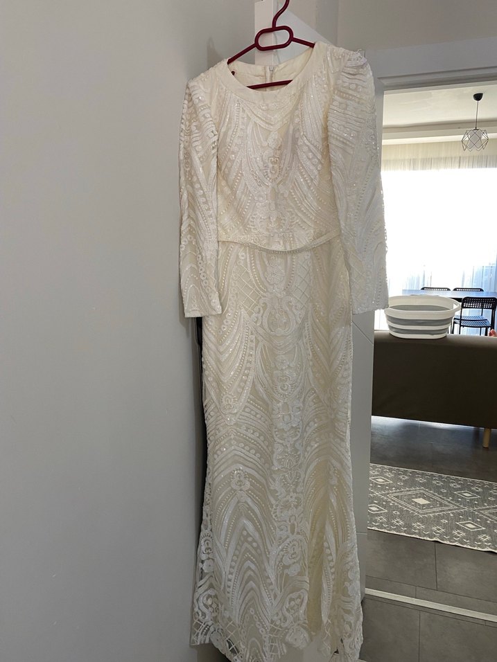 Nakışlı Uzun Kollu Beyaz Nişan Elbisesi - Görsel 2