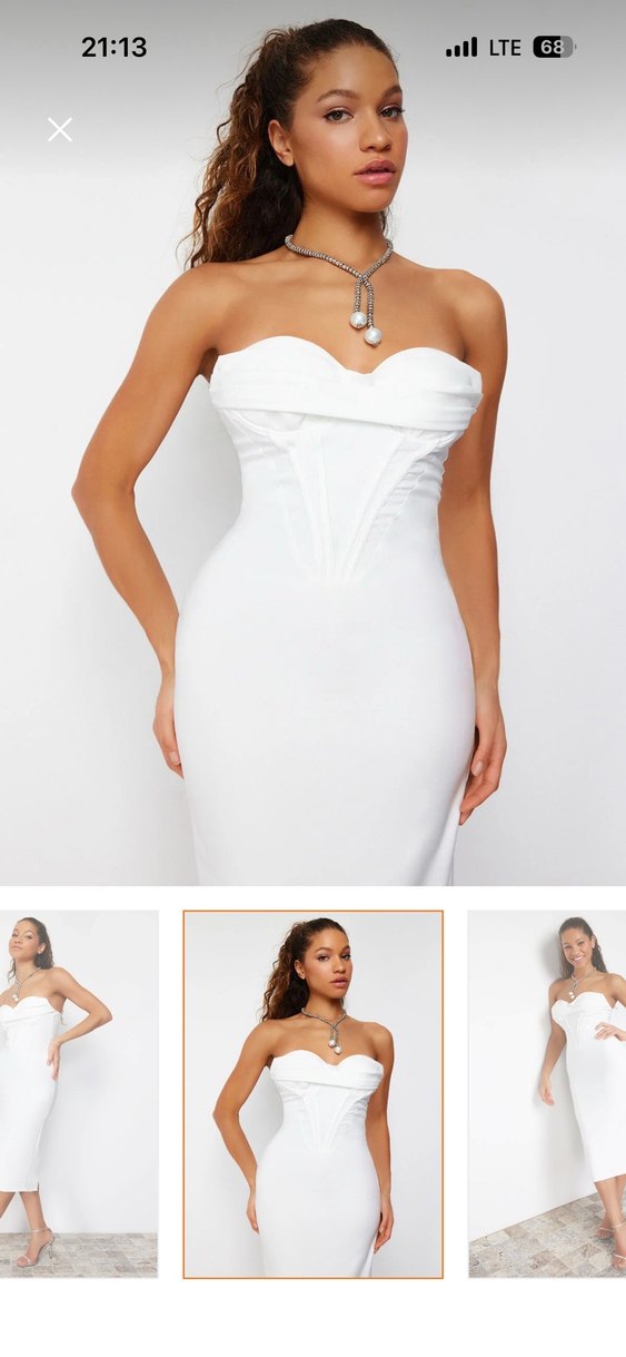 Uzun beyaz straplez şık abiye elbise - Görsel 3