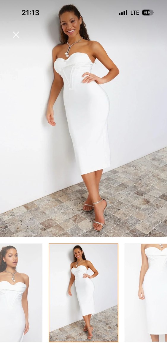 Uzun beyaz straplez şık abiye elbise - Görsel 2