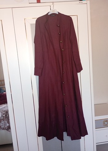 Zara Bordo Düğmeli Uzun Keten Elbise