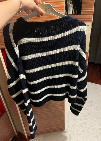 Lacivert Beyaz Çizgili Örgü Kadın Kazak - Görsel 4