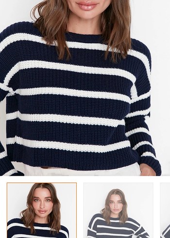 Lacivert Beyaz Çizgili Örgü Kadın Kazak - Görsel 5