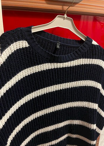 Lacivert Beyaz Çizgili Örgü Kadın Kazak - Görsel 2