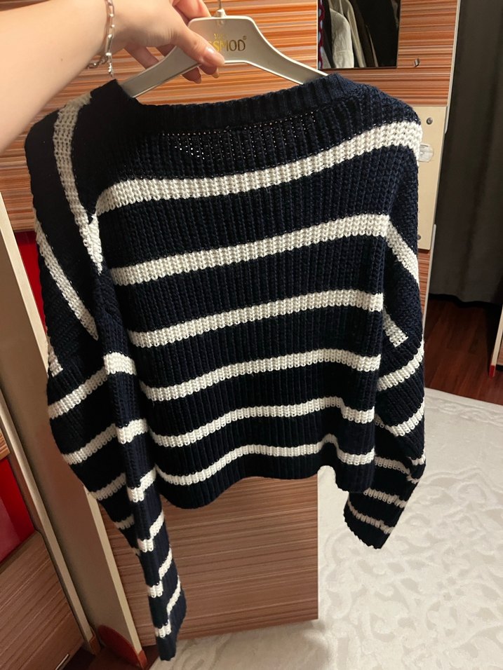 Lacivert Beyaz Çizgili Örgü Kadın Kazak - Görsel 4