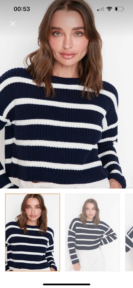 Lacivert Beyaz Çizgili Örgü Kadın Kazak - Görsel 5