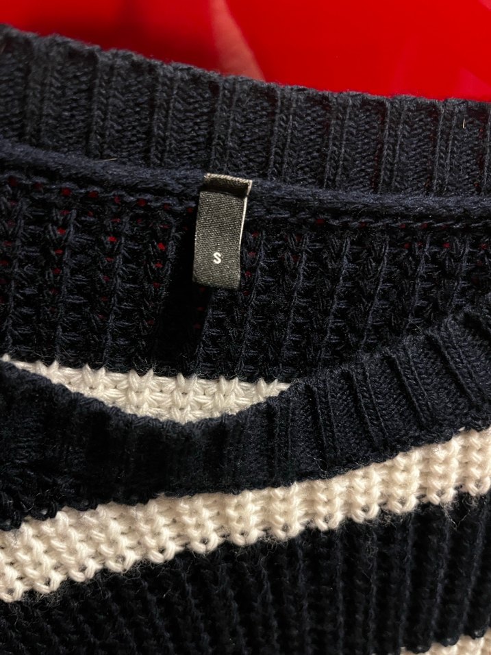 Lacivert Beyaz Çizgili Örgü Kadın Kazak - Görsel 3