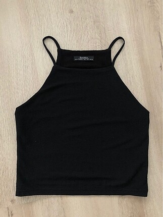 Bershka siyah crop top kendiliğinden desenli çift astarlı small