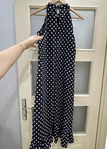 Puantiye Desenli Uzun Lacivert Elbise - Görsel 4