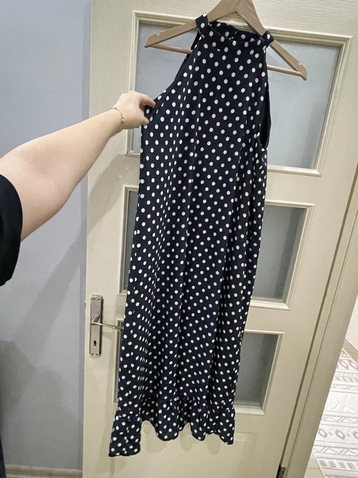 Puantiye Desenli Uzun Lacivert Elbise - Görsel 2