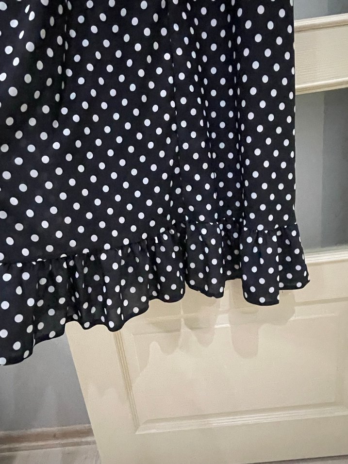 Puantiye Desenli Uzun Lacivert Elbise - Görsel 5