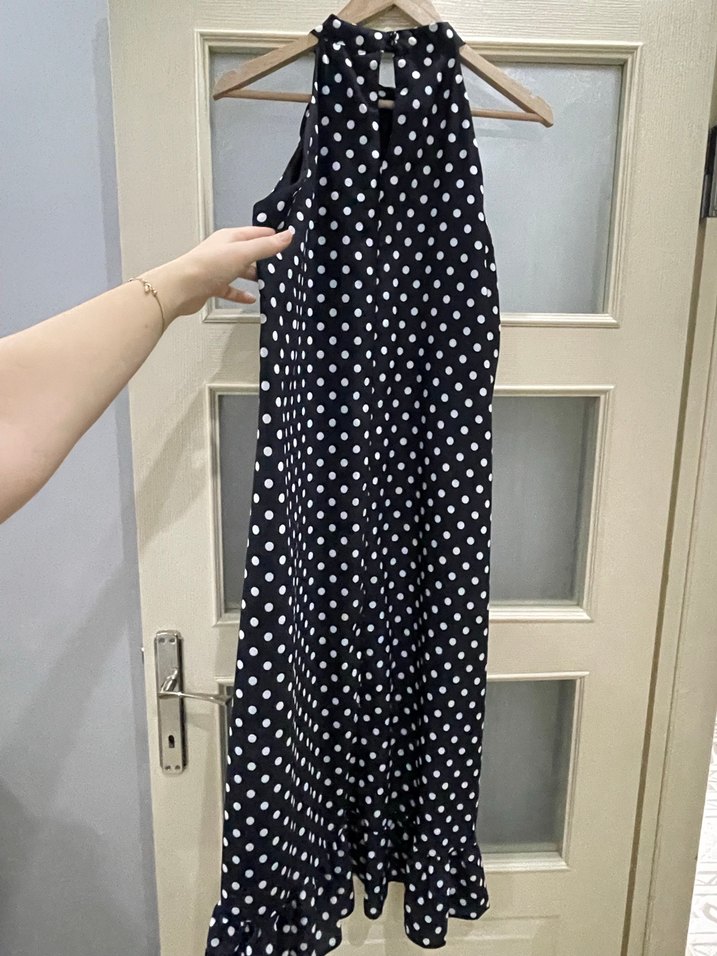 Puantiye Desenli Uzun Lacivert Elbise - Görsel 4