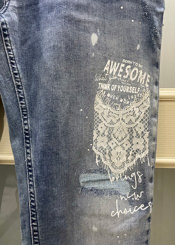 Desenli Bol Kesim Kadın Kot Pantolon - Görsel 2