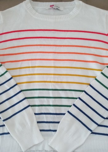 Çok Renkli Çizgili Kadın Pamuklu Triko - Görsel 2