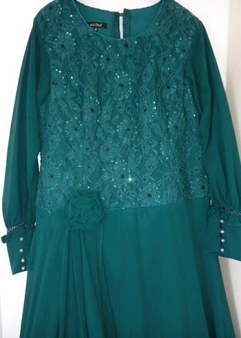 Zümrüt yeşili Uzun Kollu Nakışlı Abiye Elbise - Görsel 5