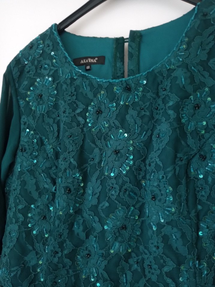 Zümrüt yeşili Uzun Kollu Nakışlı Abiye Elbise - Görsel 3