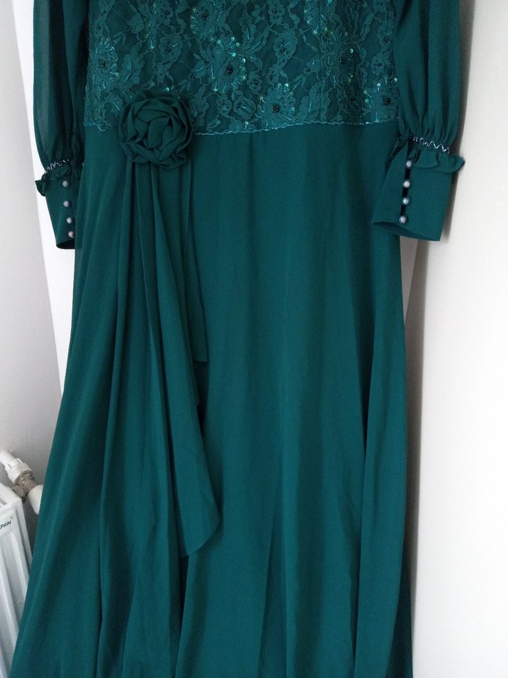 Zümrüt yeşili Uzun Kollu Nakışlı Abiye Elbise - Görsel 2