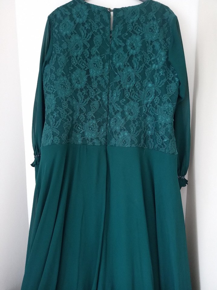 Zümrüt yeşili Uzun Kollu Nakışlı Abiye Elbise - Görsel 4