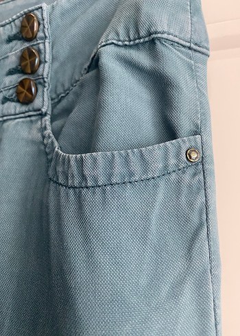 Düğmeli Turkuaz Kadın Denim Pantolon - Görsel 4