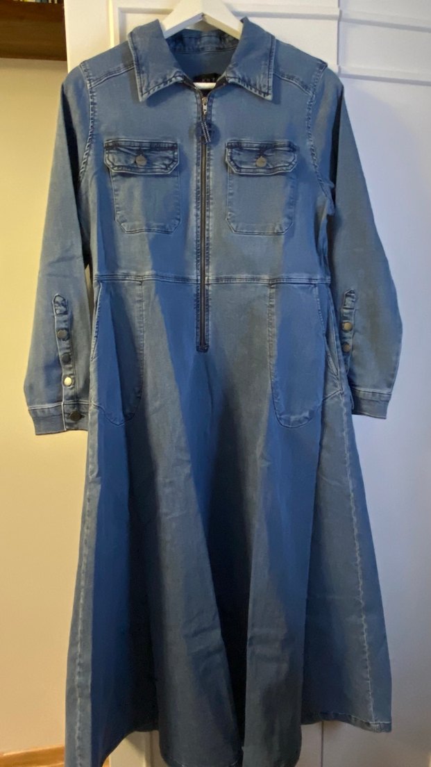 Uzun Jean Elbise, Fermuarlı, Gri Mavi - Görsel 2