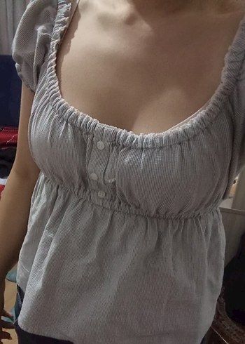 Gri Keten Kadın Bluz Düğmeli ve Bol Kesim - Görsel 2