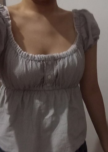 Gri Keten Kadın Bluz Düğmeli ve Bol Kesim - Görsel 3