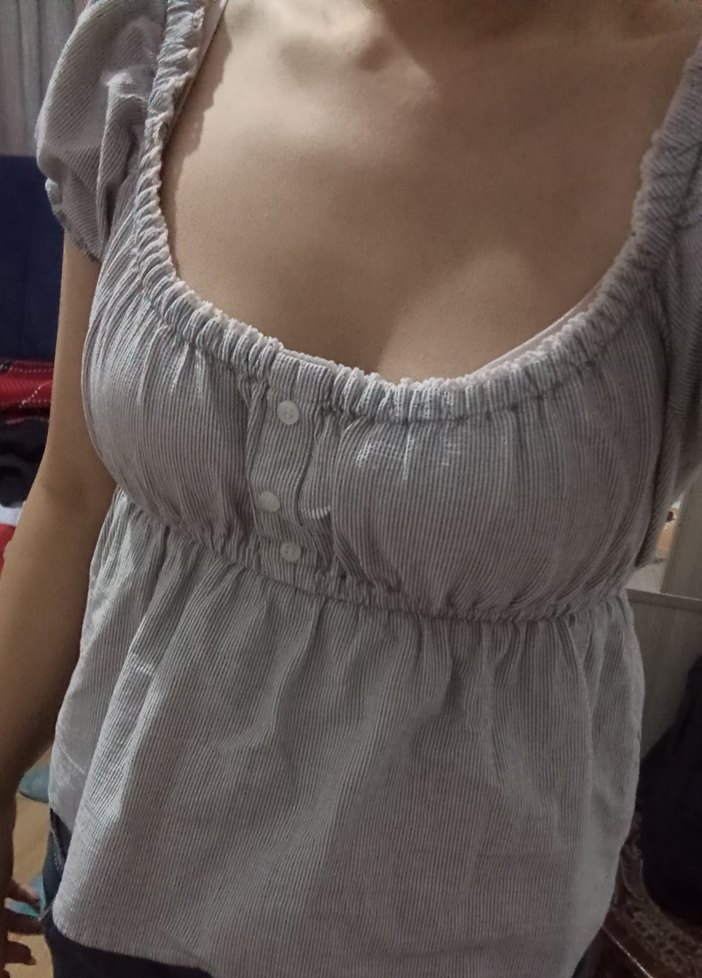 Gri Keten Kadın Bluz Düğmeli ve Bol Kesim - Görsel 2