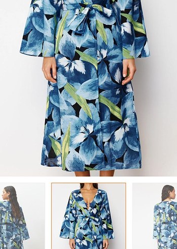 Kadın Mavi Bağlamalı Midi kimono - Görsel 2