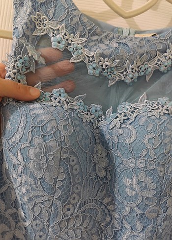 Mavi Nakışlı Uzun Abiye Elbise - Görsel 5