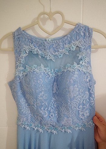 Mavi Nakışlı Uzun Abiye Elbise - Görsel 3